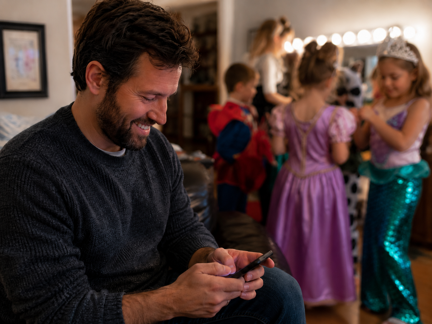 Dad smiling at his phone while kids play dress-up